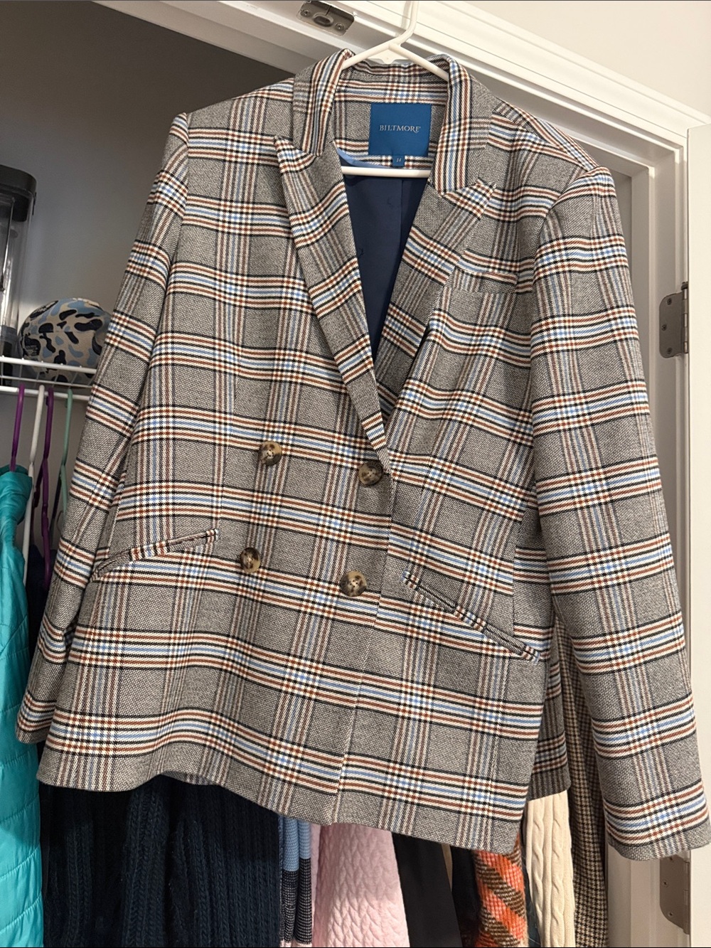 Taupe Plaid Double-Breasted Blazer